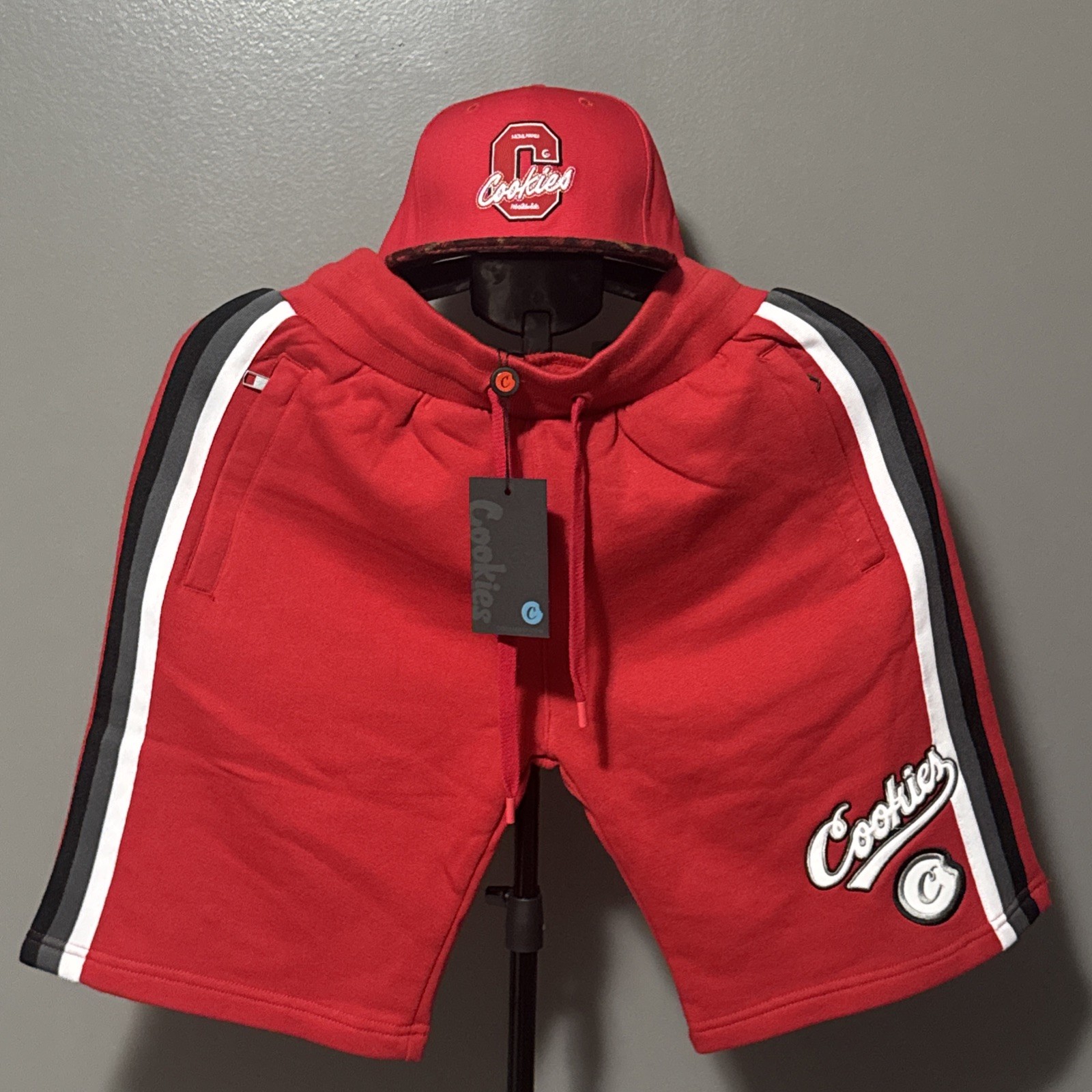 s-l1600-337.jpg Red Cookies "Puttin In Work" Fleece shorts & Plaid Brim Snap Back OG Logo Hat - Image 1