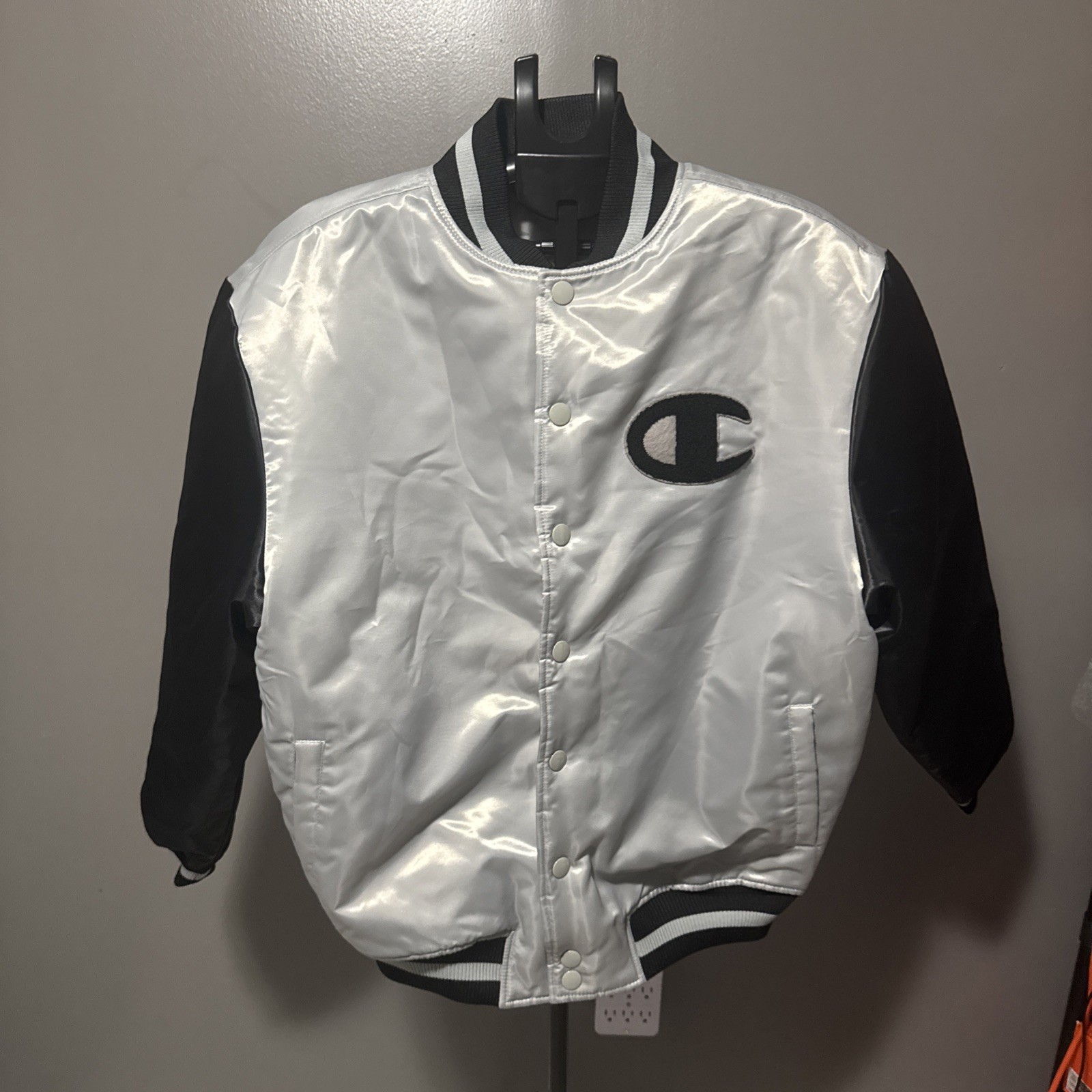 s-l1600-399.jpg Champion Varsity Track Satin Jacket Gray Black Mens size X-Large - Image 1