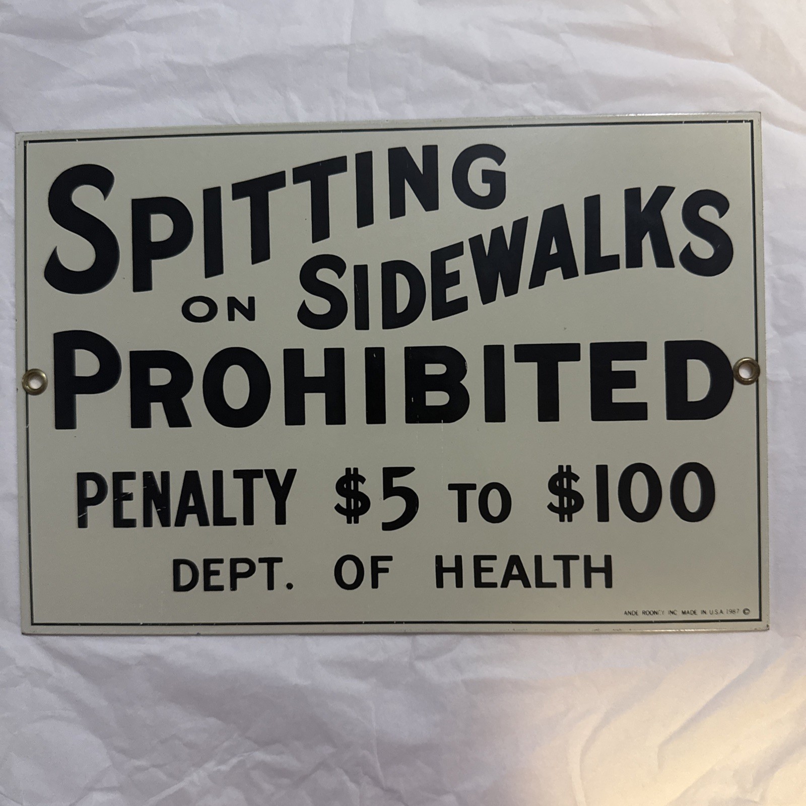 s-l1600.jpg Vintage 1987 SPITTING on SIDEWALKS Porcelain Enamel SIGN Novelty - Image 1